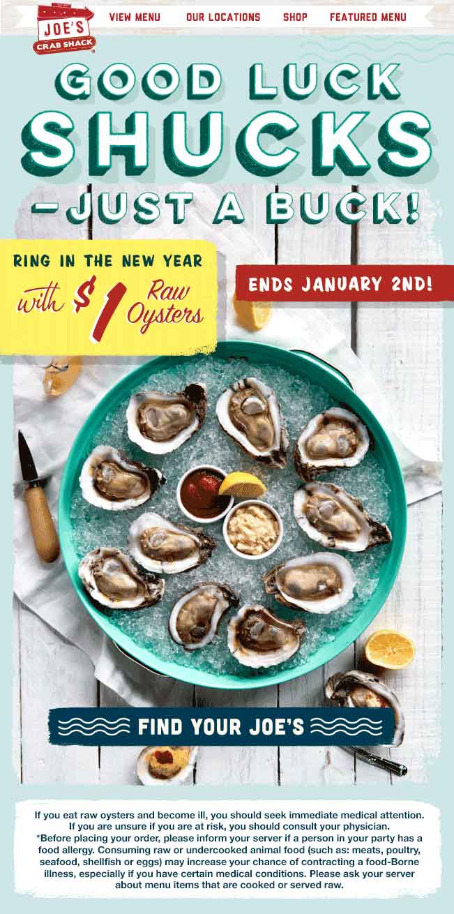 Joes Crab Shack Coupon April 2024 $1 raw oysters at Joes Crab Shack restaurants