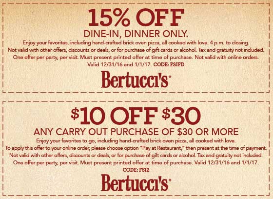 Bertuccis Coupon April 2024 15% off & more at Bertuccis restaurants