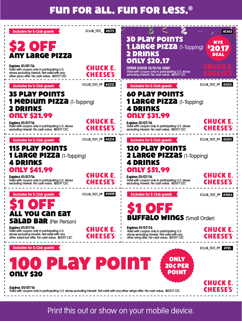 Chuck E. Cheese Coupons - 100 game tokens for $20 & more at Chuck E ...