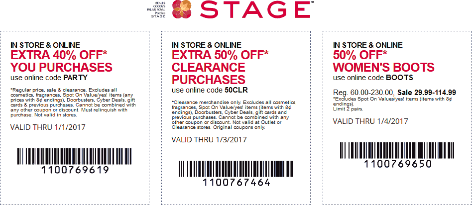 Stage Coupon April 2024 Extra 40% off at Stage stores, or online via promo code PARTY