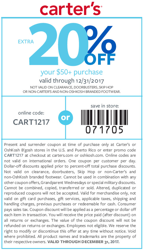 Carters Coupon April 2024 Extra 20% off $50 at Carters, or online via promo code CART1217