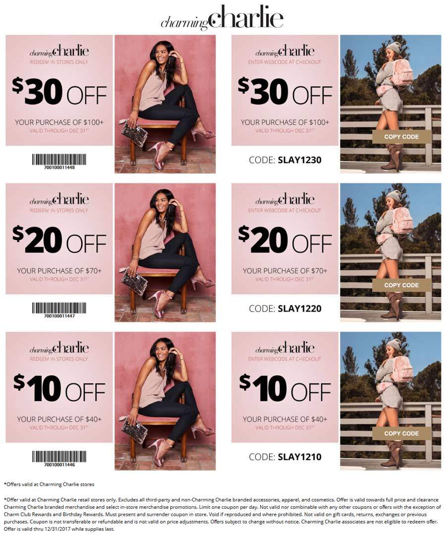 Charming Charlie Coupon April 2024 $10 off $40 & more at Charming Charlie, or online via promo code SLAY1210