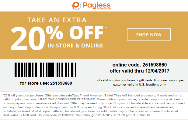 Payless Shoesource Coupon April 2024 20% off at Payless Shoesource, or online via promo code 251598660