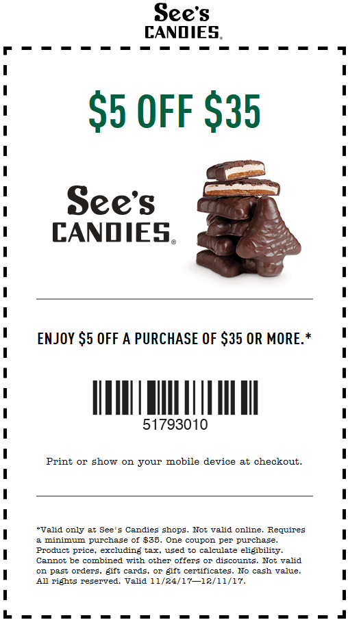 Sees Candies Coupon April 2024 $5 off $35 at Sees Candies