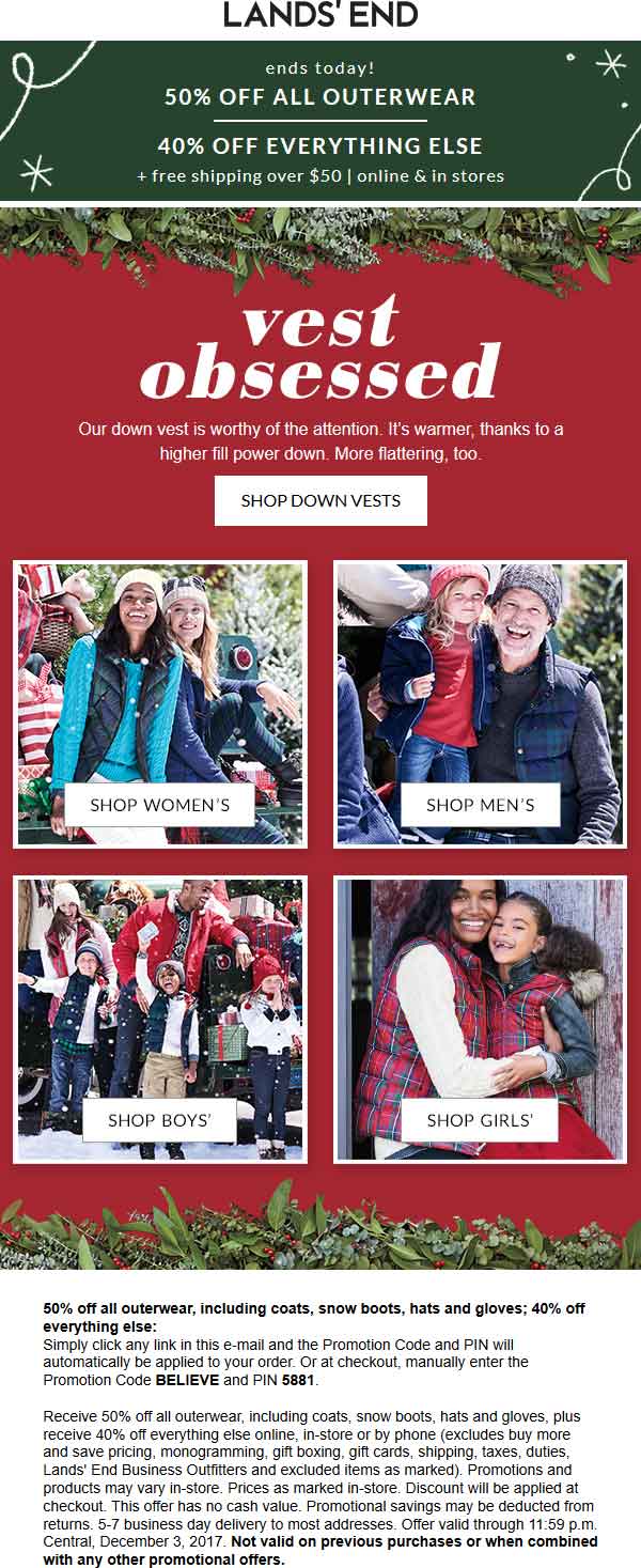 Lands End Coupon April 2024 40-50% off everything today at Lands End, or online via promo code BELIEVE and pin 5881
