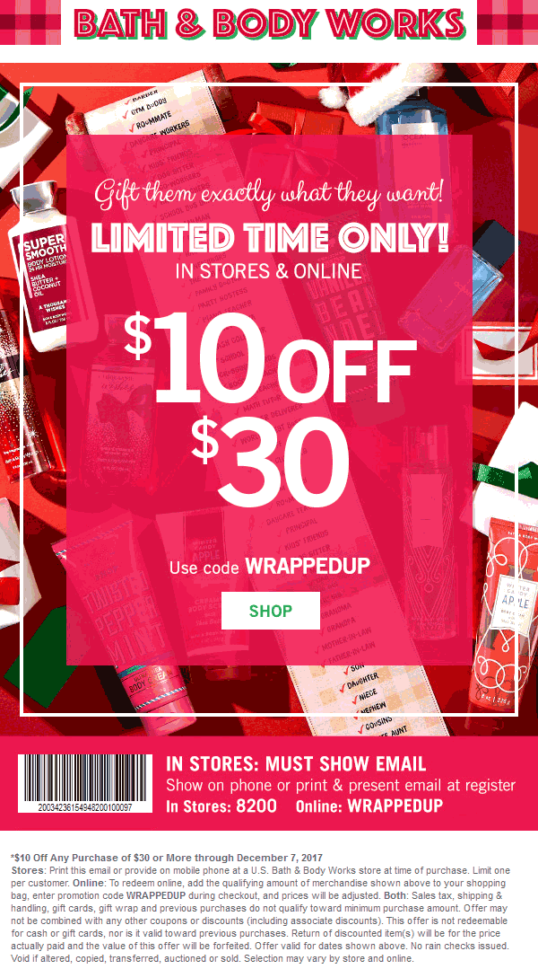 Bath & Body Works Coupon April 2024 $10 off $30 at Bath & Body Works, or online via promo code WRAPPEDUP