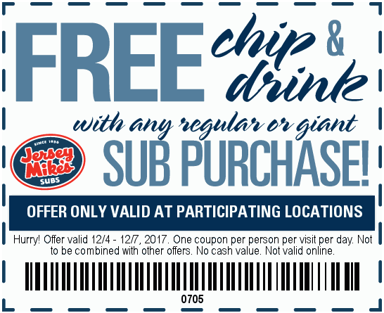 Jersey Mikes Coupon April 2024 Free chips & drink with your sub sandwich at Jersey Mikes