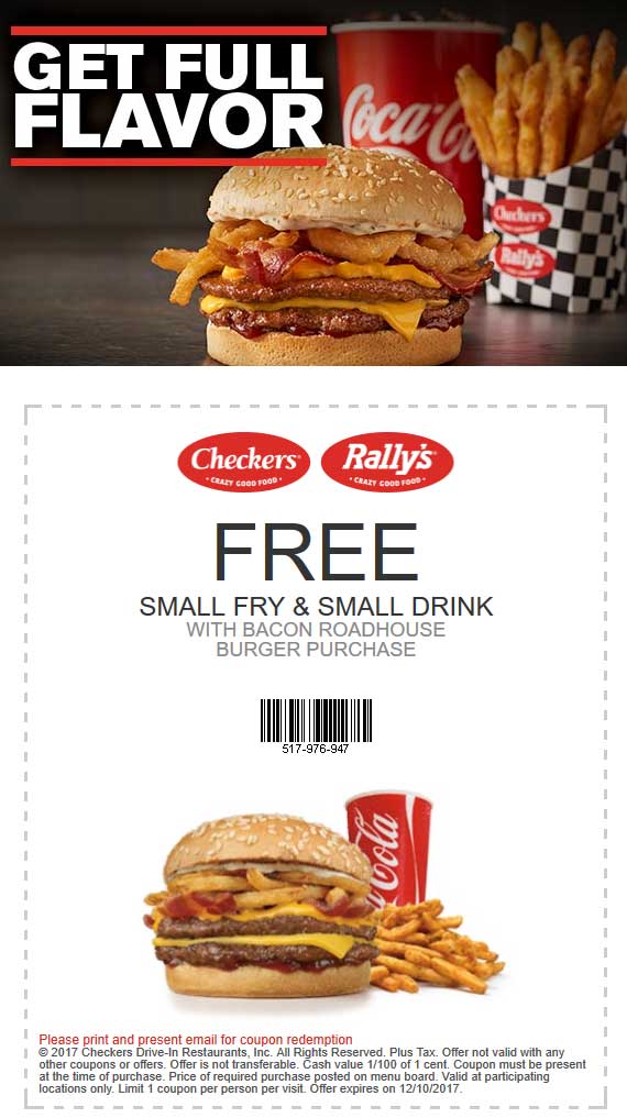 Checkers Coupon April 2024 Free fries + drink with your bacon burger at Rallys & Checkers