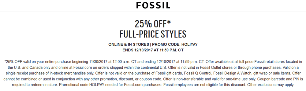 Fossil Coupon April 2024 25% off at Fossil, or online via promo code HOLIYAY