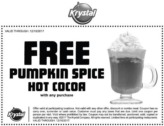 Krystal Coupon April 2024 Free pumpkin spice hot cocoa with any order at Krystal restaurants