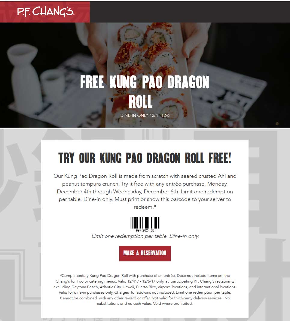 P.F. Changs Coupon April 2024 Free Kung Pao dragon roll today at P.F. Changs restaurants