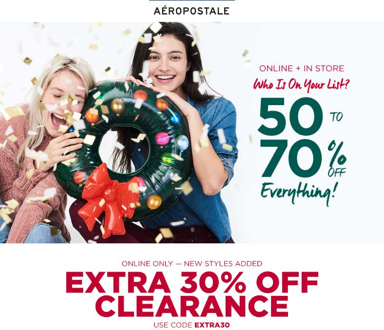 Aeropostale Coupon April 2024 50-70% off everything at Aeropostale, ditto online