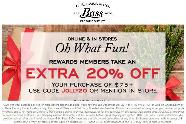 G.H. Bass Factory Coupon April 2024 20% off $75 at G.H. Bass Factory outlet, or online via promo code JOLLY20