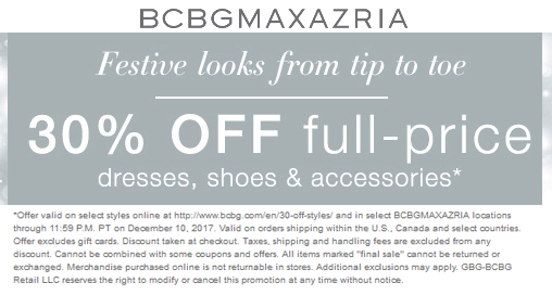 BCBG Coupon April 2024 30% off at BCBGMAXAZRIA, ditto online