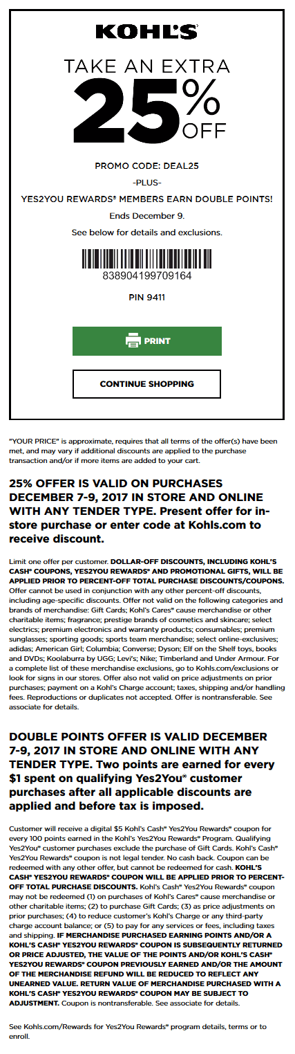 Kohls Coupon April 2024 Extra 25% off at Kohls, or online via promo code DEAL25
