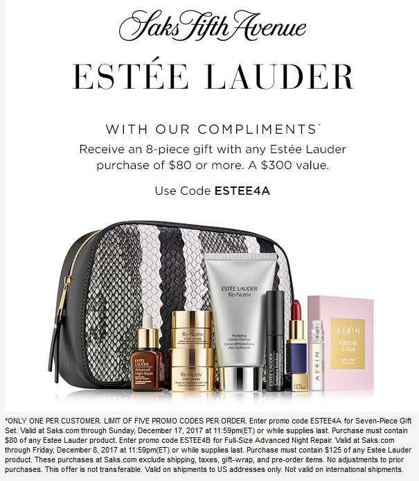 Saks Fifth Avenue Coupon April 2024 $300 gift set free with $80 spent online at Saks Fifth Avenue via promo code ESTEE4A