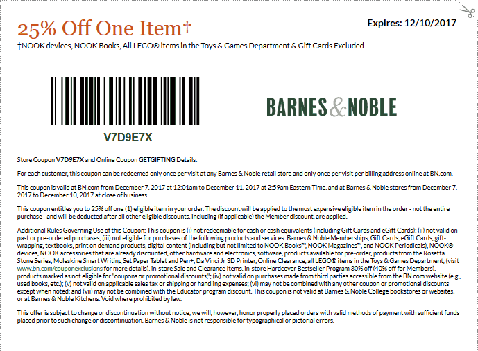 Barnes & Noble Coupon April 2024 25% off a single item at Barnes & Noble, or online via promo code GETGIFTING