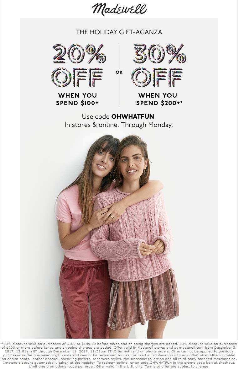 Madewell Coupon April 2024 20-30% off $100+ at Madewell, or online via promo code OHWHATFUN