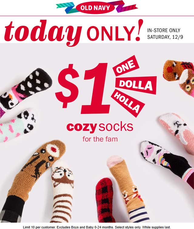 Old Navy Coupon March 2024 $1 cozy socks today at Old Navy