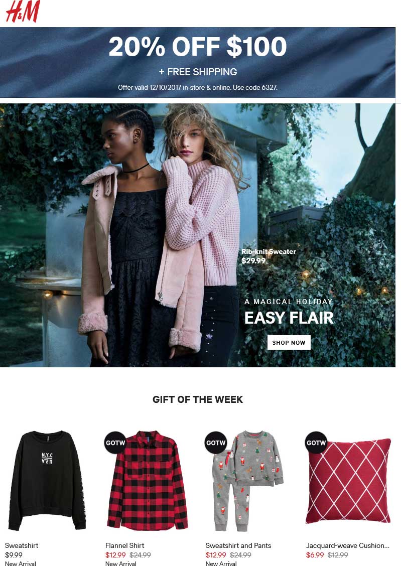 H&M Coupon April 2024 20% off $100 today at H&M, or online via promo code 6327