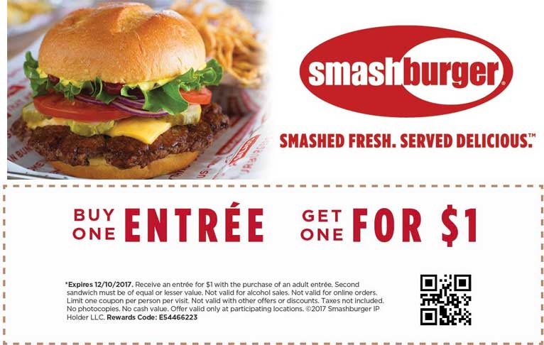 Smashburger Coupon April 2024 Second entree $1 today at Smashburger