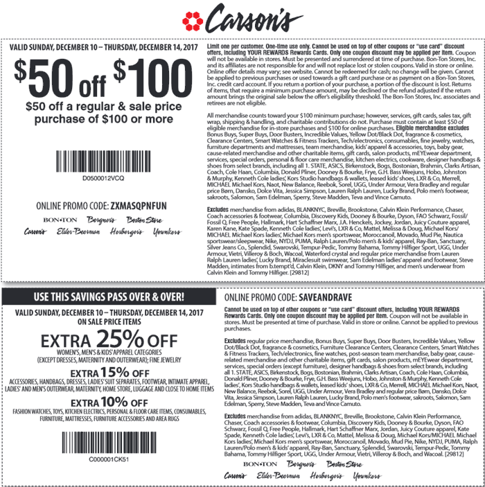 Carsons Coupon March 2024 $50 off $100 & more at Carsons, Bon Ton & sister stores, or online via promo code ZXMASQPNFUN