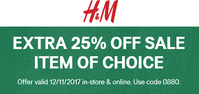 H&M Coupon April 2024 Extra 25% off a single sale item today at H&M, or online via promo code 0880