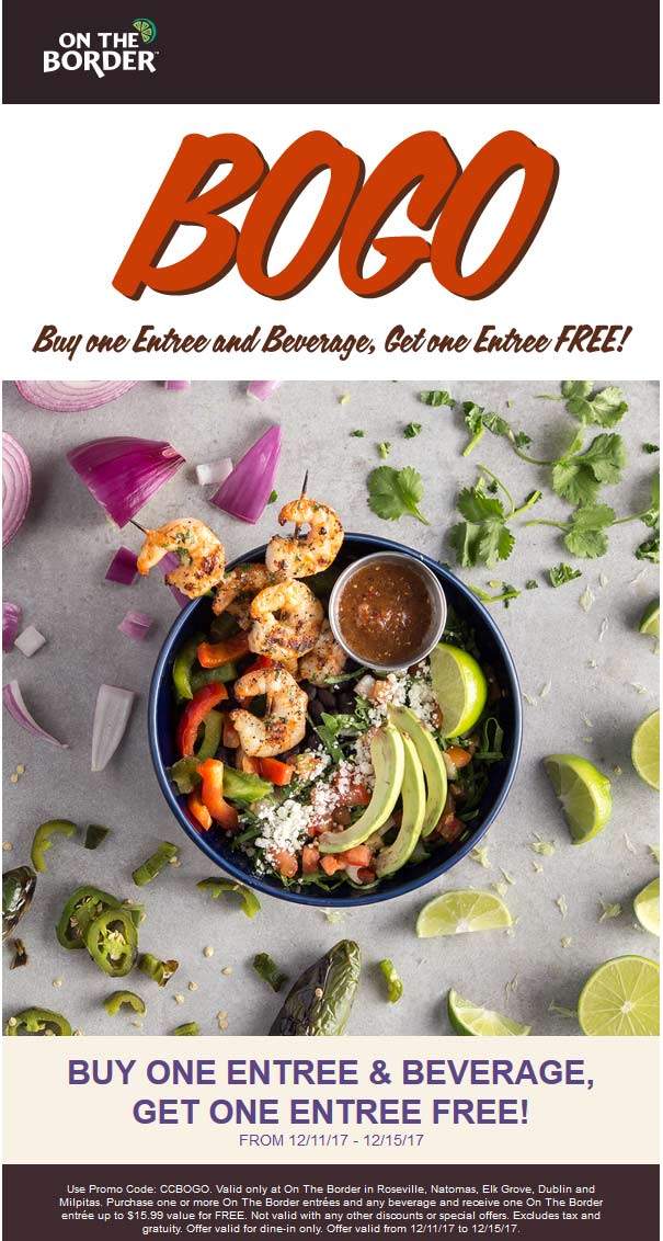 On The Border Coupon April 2024 Second entree free at On The Border