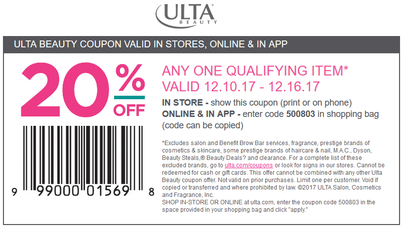 Ulta Beauty Coupon April 2024 20% off a single item at Ulta Beauty, or online via promo code 500803