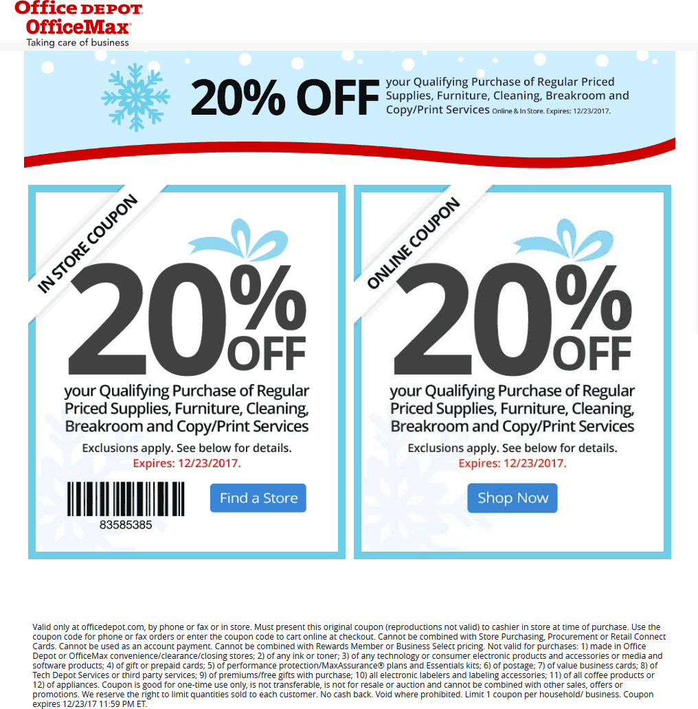 Office Depot Coupon April 2024 20% off at OfficeMax & Office Depot, or online via promo code 54990813