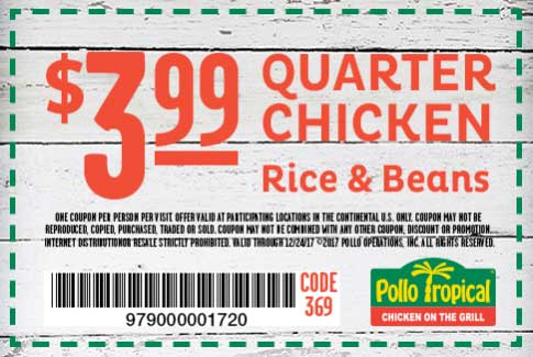 Pollo Tropical Coupon April 2024 1/4 chicken + rice + beans = $4 at Pollo Tropical restaurants