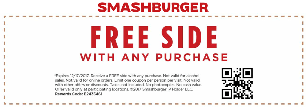 Smashburger Coupon April 2024 Free side with any order at Smashburger