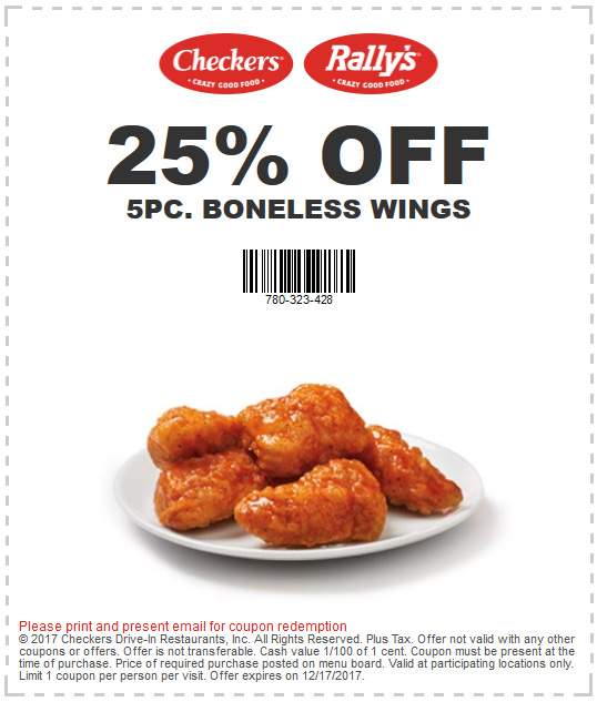 Checkers Coupon April 2024 25% off boneless wings at Rallys & Checkers restaurants