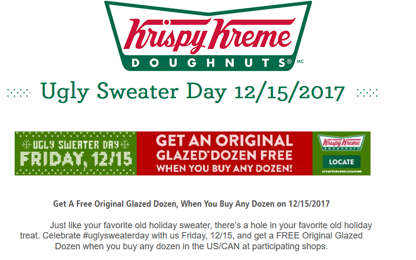 Krispy Kreme Coupon April 2024 Second dozen doughnuts free with your ugly sweater Friday at Krispy Kreme