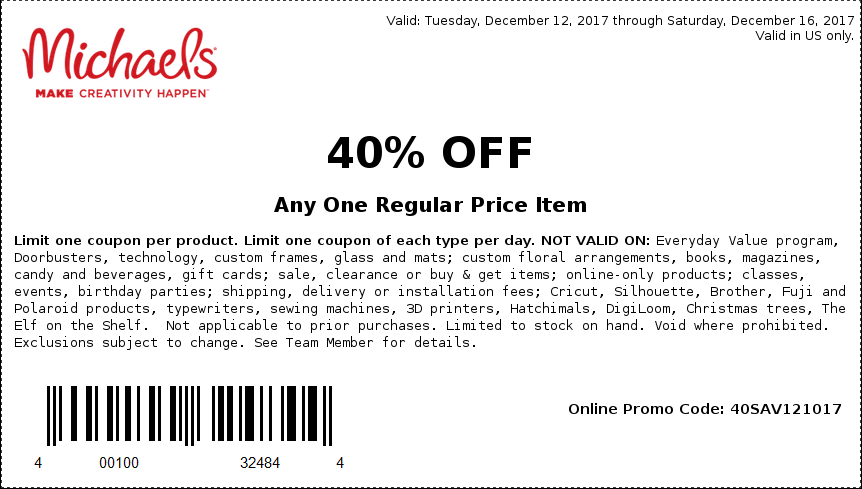 Michaels Coupon March 2024 40% off a single item at Michaels, or online via promo code 40SAV121017