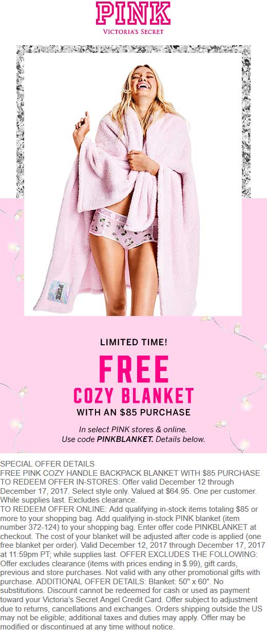 Victorias Secret Coupon April 2024 Free blanket with $85 spent at Victorias Secret PINK, or online via promo code PINKBLANKET