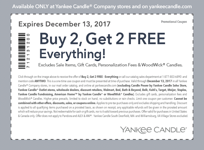 Yankee Candle Coupon April 2024 4-for-2 on everything today at Yankee Candle, or online via promo code ANYTWO