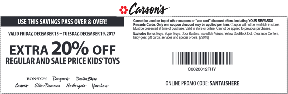 Carsons Coupon April 2024 Toys are 20% off at Carsons, Bon Ton & sister stores, or online via promo code SANTAISHERE