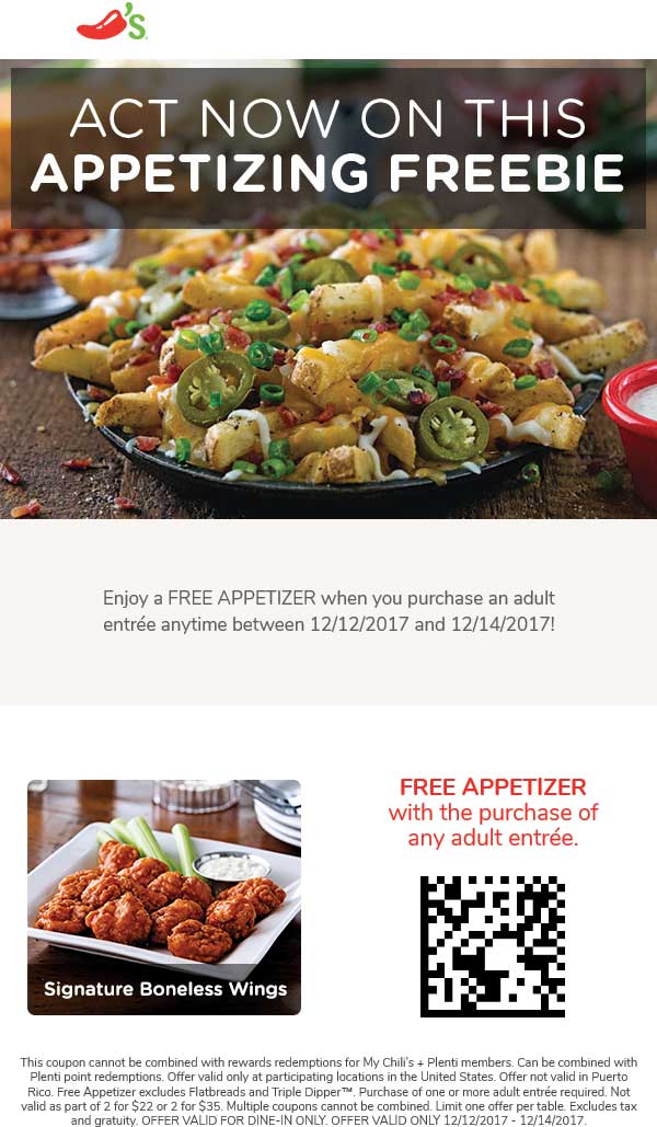 Chilis Coupon March 2024 Free appetizer with your entree today at Chilis
