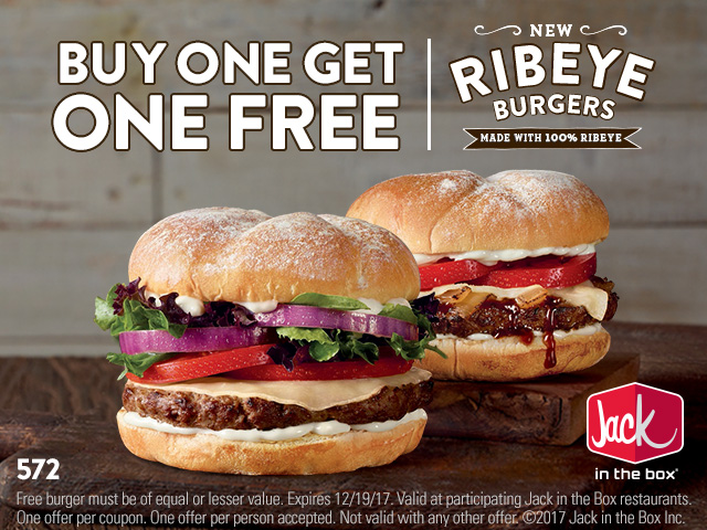 Jack in the Box Coupon April 2024 Second ribeye burger free at Jack in the Box