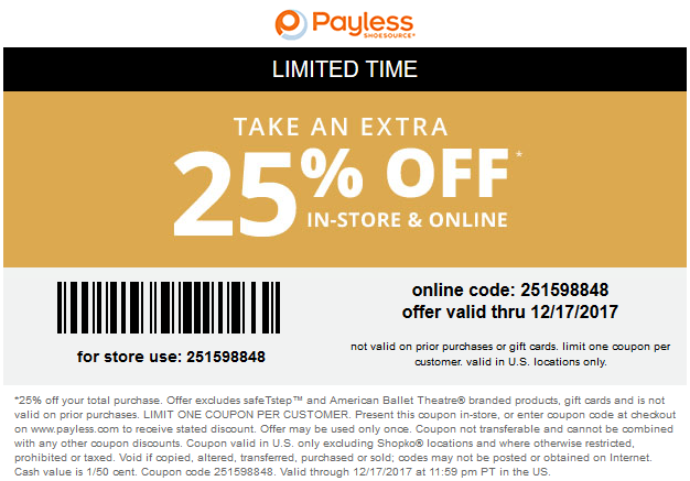Payless Shoesource Coupon April 2024 Extra 25% off at Payless Shoesource, or online via promo code 251598848