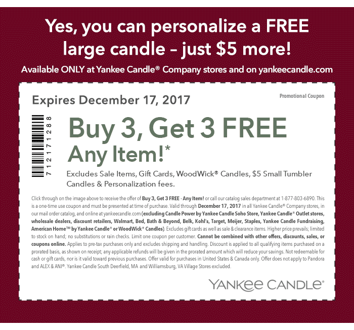 Yankee Candle Coupon March 2024 6-for-3 on everything at Yankee Candle, ditto online