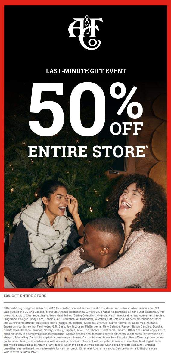 Abercrombie & Fitch Coupon March 2024 Everything is 50% off at Abercrombie & Fitch, ditto online