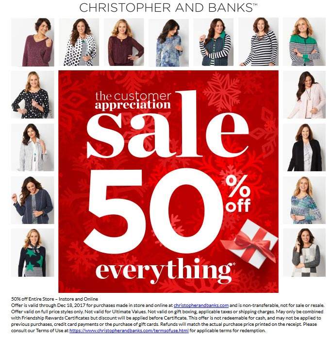 Christopher And Banks Coupon May 2024 Everything is 50% off at Christopher and Banks, ditto online