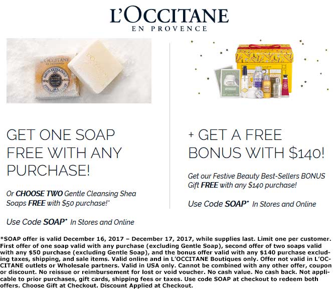 LOccitane Coupon April 2024 Free soap with any order today at LOCCITANE, or online via promo code SOAP