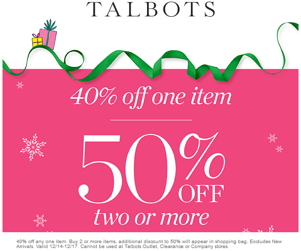 Talbots Coupon April 2024 40-50% off today at Talbots, ditto online