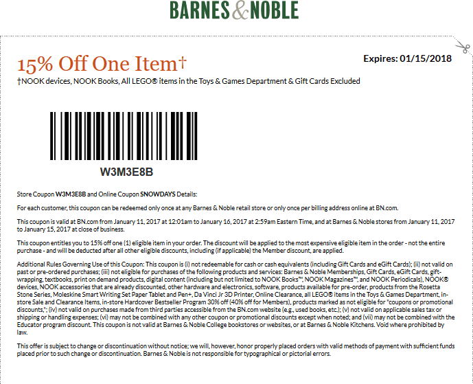 Barnes & Noble Coupon April 2024 15% off a single item at Barnes & Noble, or online via promo code W3M3E8B