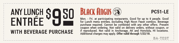 Black Angus Coupon April 2024 $9.50 lunch entree at Black Angus steakhouse