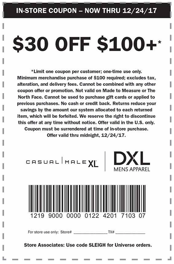 Casual Male XL Coupon April 2024 $30 off $100 at Casual Male XL & DXL
