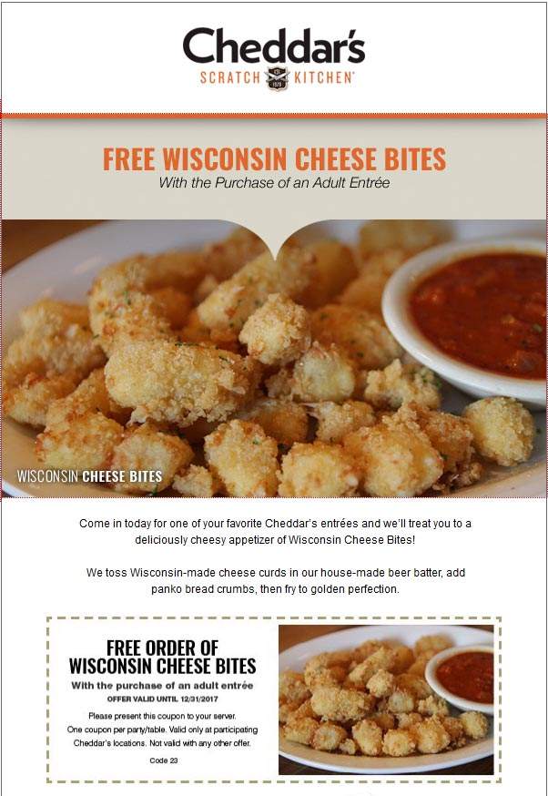 Cheddars Scratch Kitchen Coupon March 2024 Free cheese bites with your entree at Cheddars Scratch Kitchen